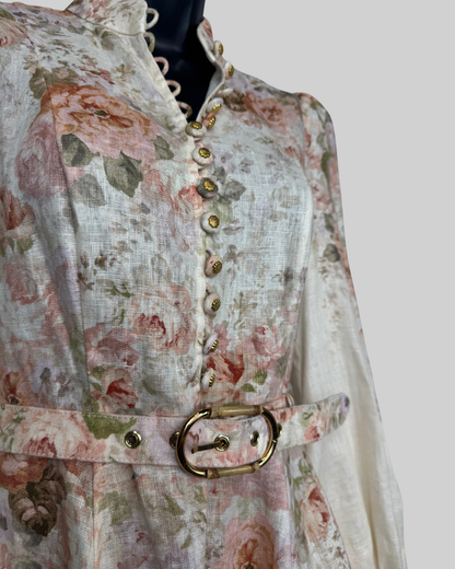 Zimmermann White Light Pink Floral Long Sleeve Button Flare Mini Dress w Belt