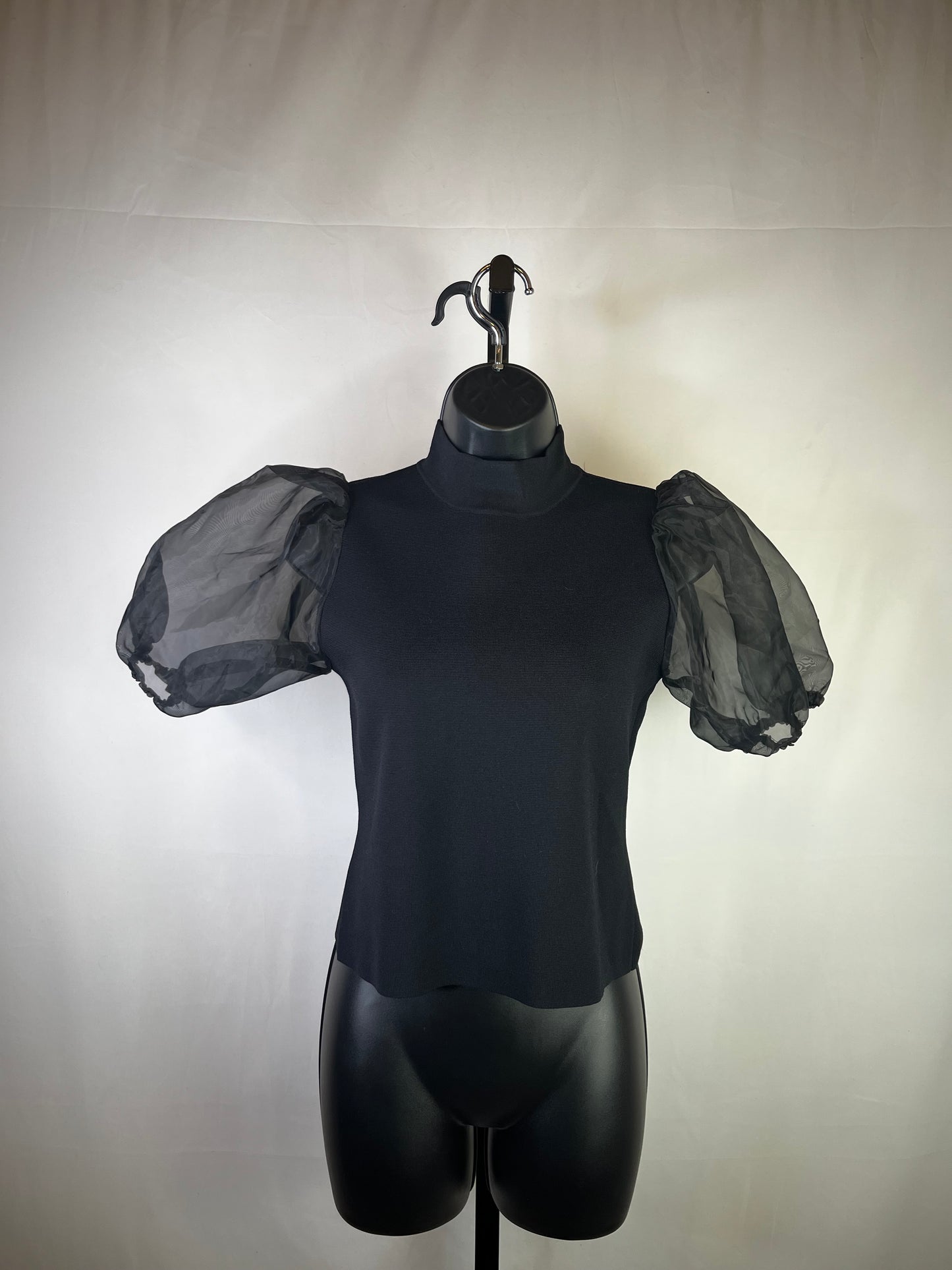 House of Harlow Black Knit Short Puff Sheer Sleeve Turtleneck Top
