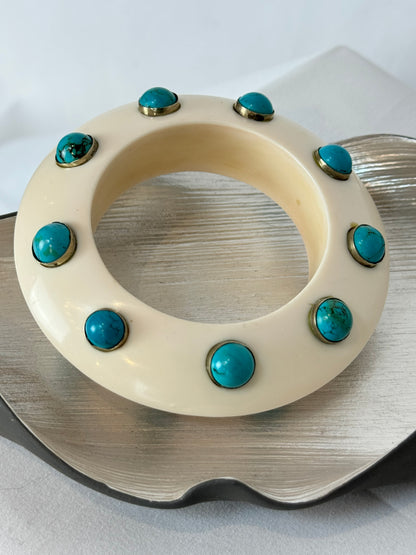 Handcrafted Cream Thick Bangle w Turquoise Stones