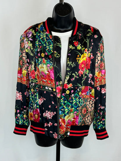 Alice + Olivia Black Multicolor Floral Zip Up Bomber Jacket