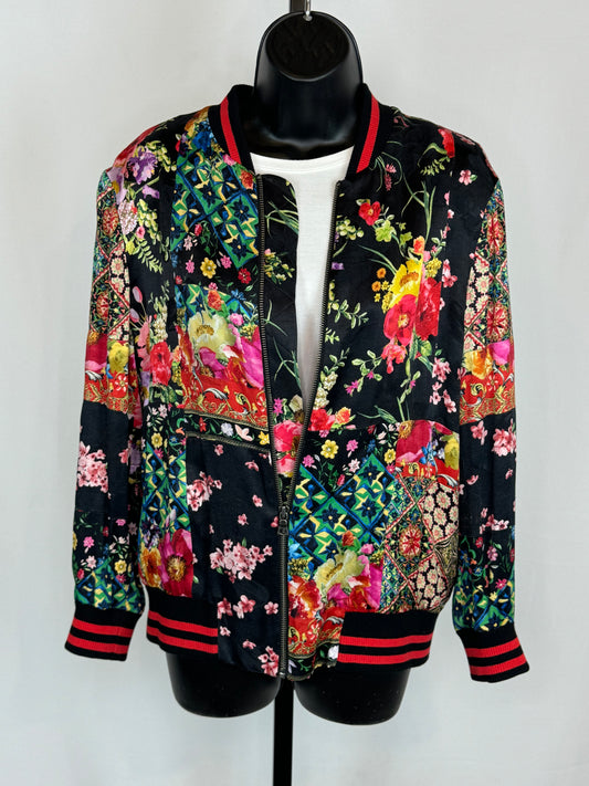 Alice + Olivia Black Multicolor Floral Zip Up Bomber Jacket
