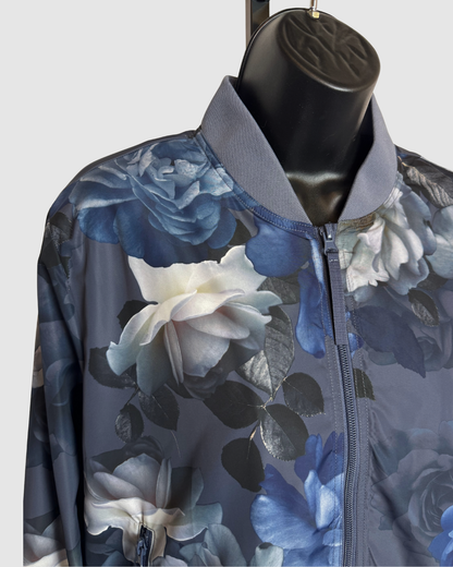 Johnny Was Active Dusty Blue Floral Zip-Up Bomber Jacket w Zip Pockets