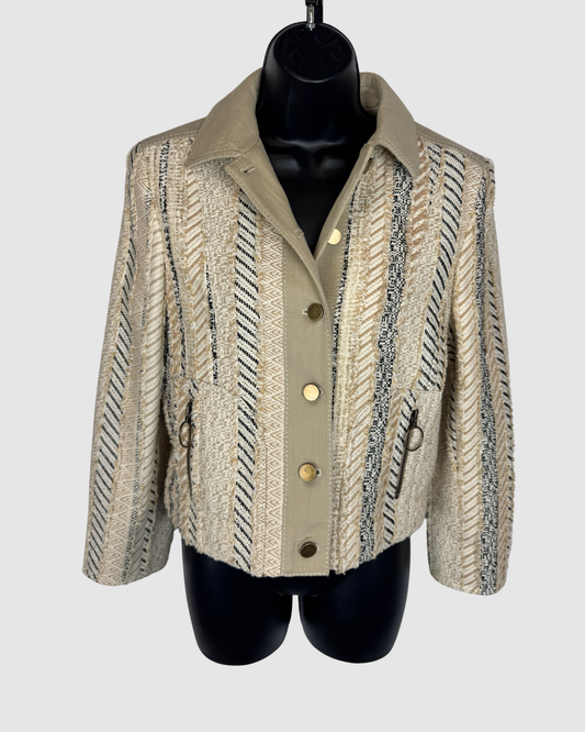 Akris Punto Tan & Beige Tweed w Fringe Button Up Jacket w Zip Pockets