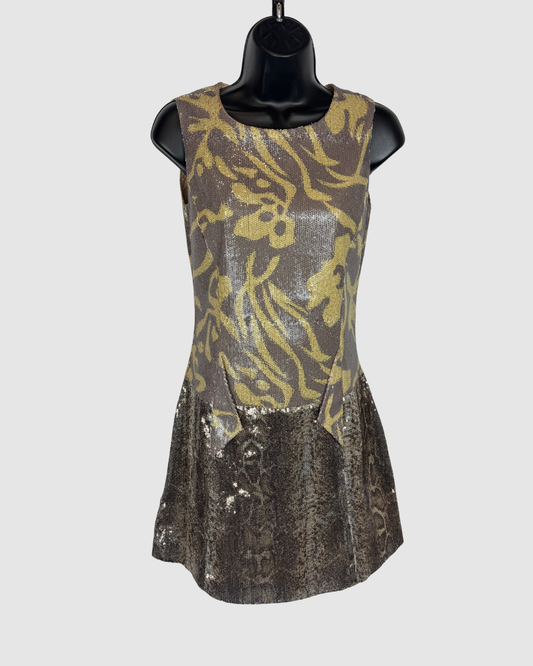 Custo Barcelona Grey Green Floral/ Snake Print Sequin Sleeveless Mini Dress