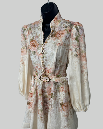 Zimmermann White Light Pink Floral Long Sleeve Button Flare Mini Dress w Belt