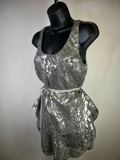 Etcetera Silk Grey & Silver Sleeveless Blouse w/ Waist Tie