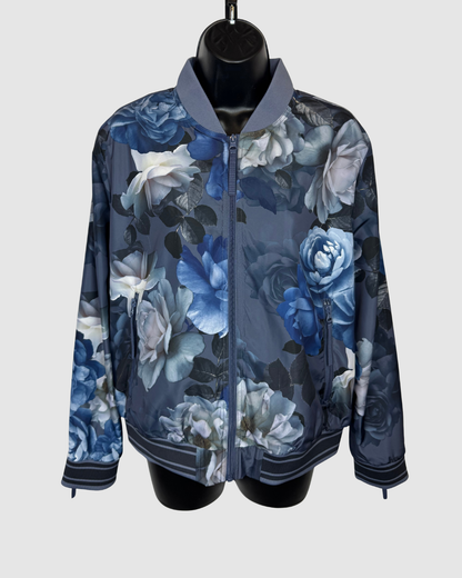 Johnny Was Active Dusty Blue Floral Zip-Up Bomber Jacket w Zip Pockets