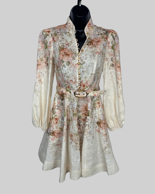 Zimmermann White Light Pink Floral Long Sleeve Button Flare Mini Dress w Belt
