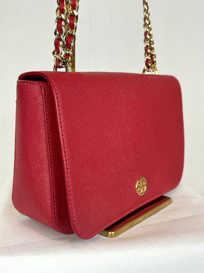 Tory Burch Red Robinson Convertible Square Flap Bag w Gold Chain Bag
