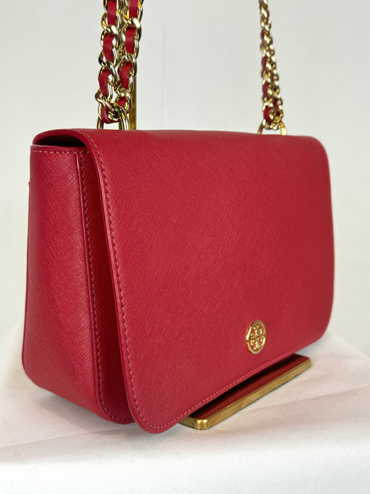 Tory Burch Red Robinson Convertible Square Flap Bag w Gold Chain Bag