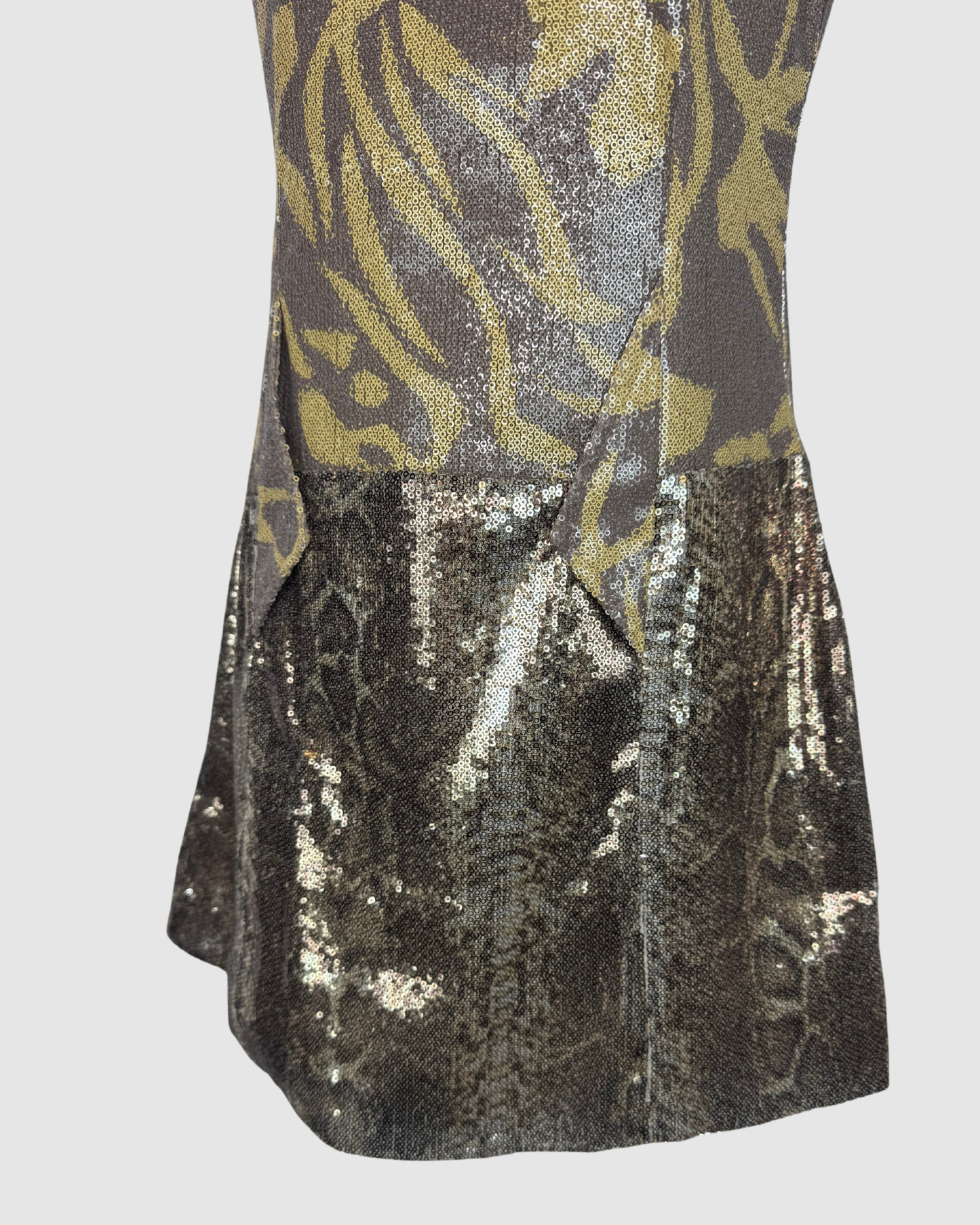 Custo Barcelona Grey Green Floral/ Snake Print Sequin Sleeveless Mini Dress