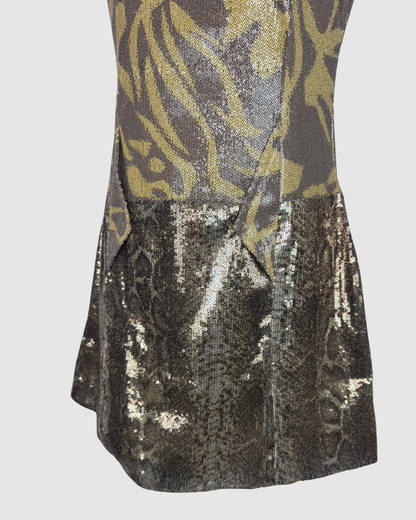 Custo Barcelona Grey Green Floral/ Snake Print Sequin Sleeveless Mini Dress
