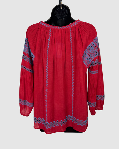 Joie Red w Blue Embroidered Tie-Neck Long Puff Sleeve "Gauze" Blouse
