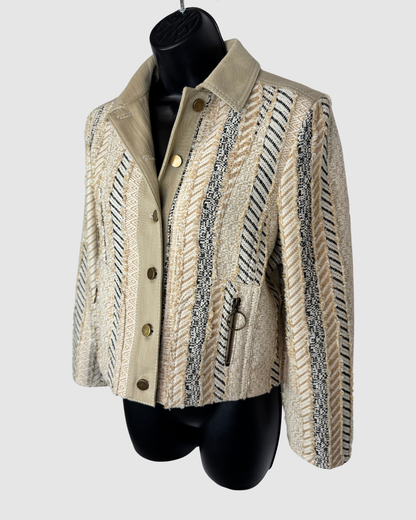 Akris Punto Tan & Beige Tweed w Fringe Button Up Jacket w Zip Pockets