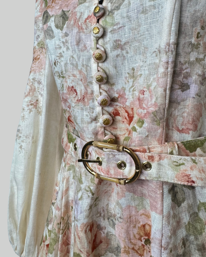 Zimmermann White Light Pink Floral Long Sleeve Button Flare Mini Dress w Belt