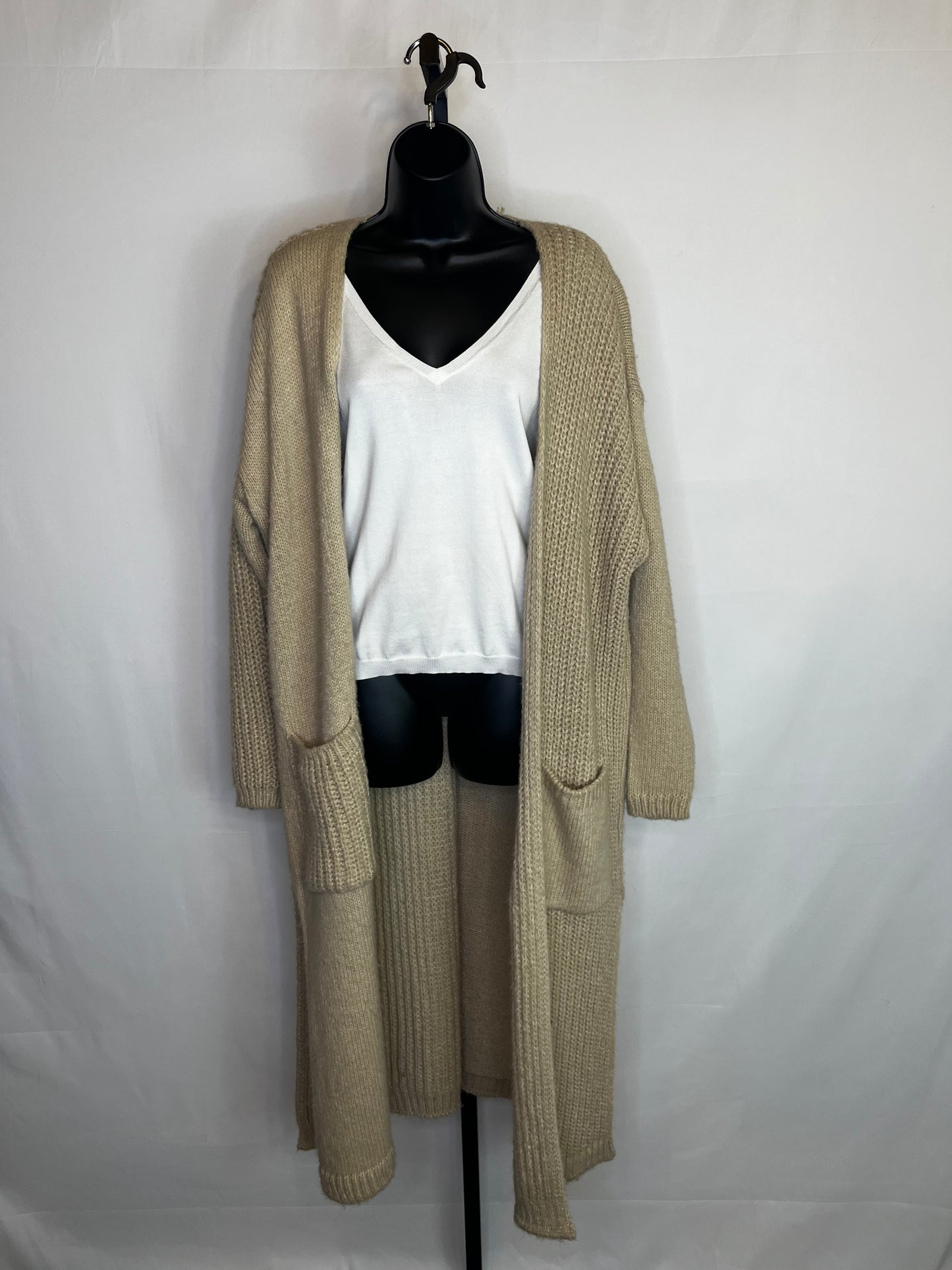 Topshop Light Brown Knit Open Face Long Sleeve Full-Length Cardigan w Pockets