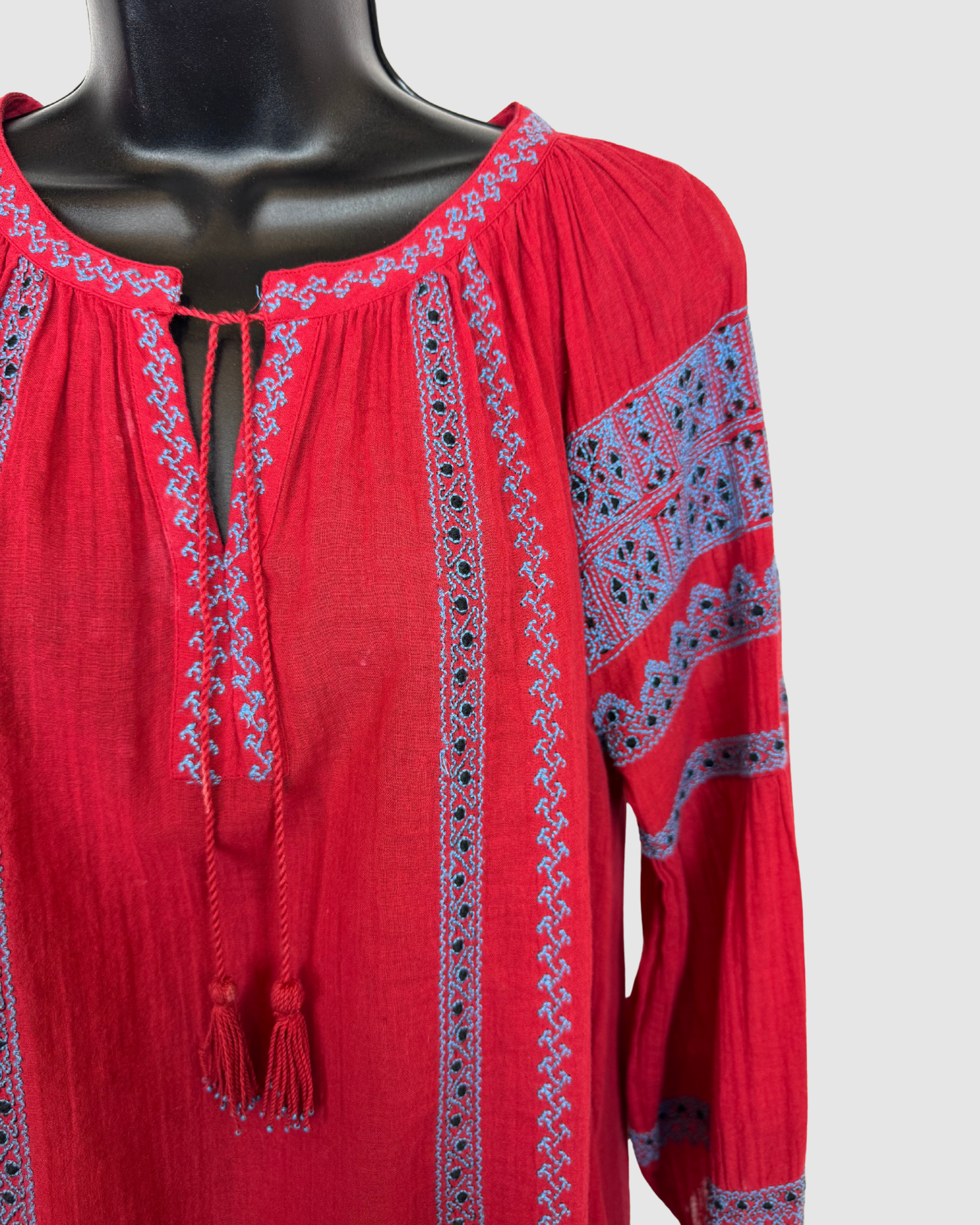Joie Red w Blue Embroidered Tie-Neck Long Puff Sleeve "Gauze" Blouse