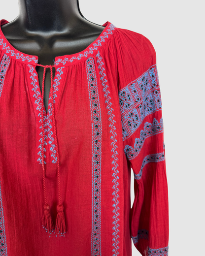 Joie Red w Blue Embroidered Tie-Neck Long Puff Sleeve "Gauze" Blouse