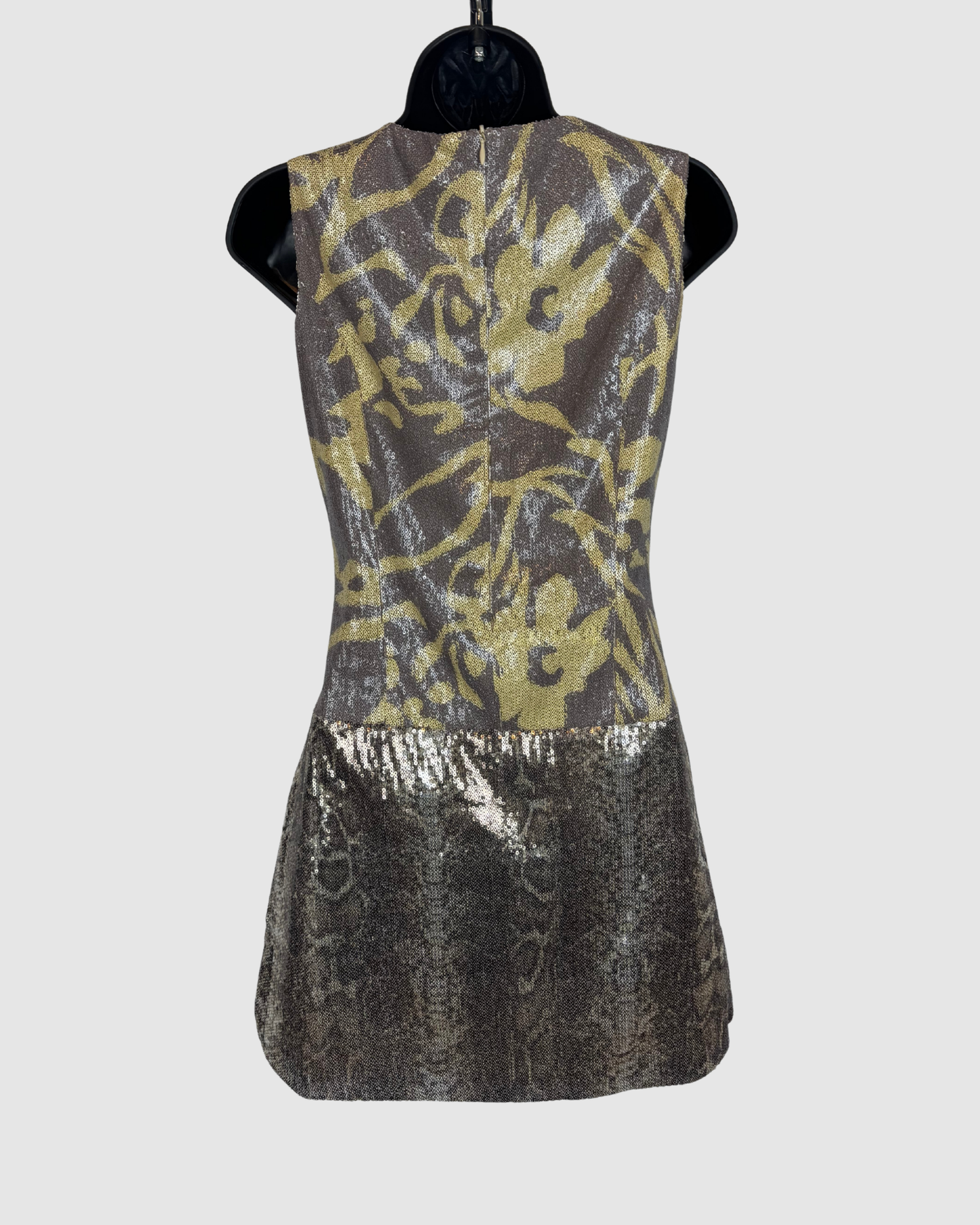 Custo Barcelona Grey Green Floral/ Snake Print Sequin Sleeveless Mini Dress