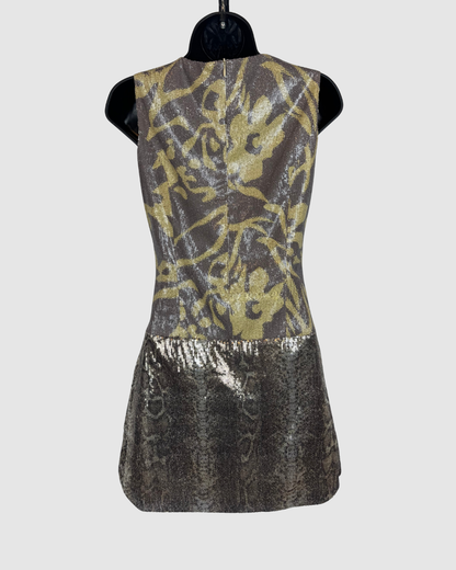 Custo Barcelona Grey Green Floral/ Snake Print Sequin Sleeveless Mini Dress