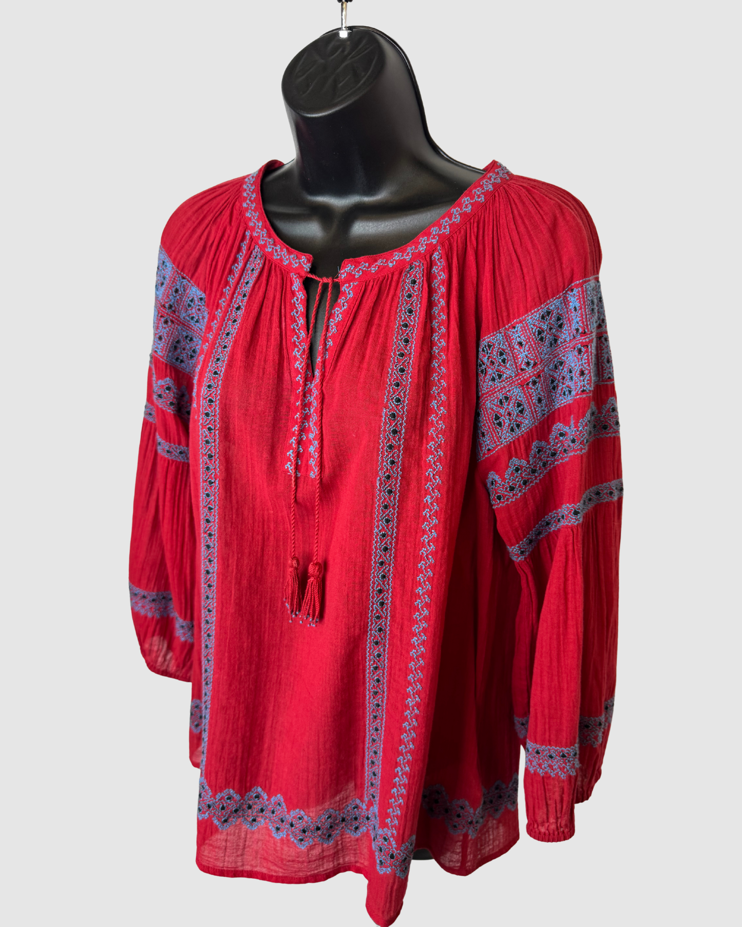 Joie Red w Blue Embroidered Tie-Neck Long Puff Sleeve "Gauze" Blouse