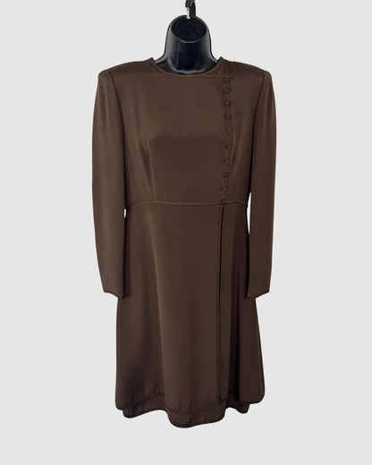 Carolina Herrera Brown Long Sleeve Button Detail Knee-Length Dress w Slit
