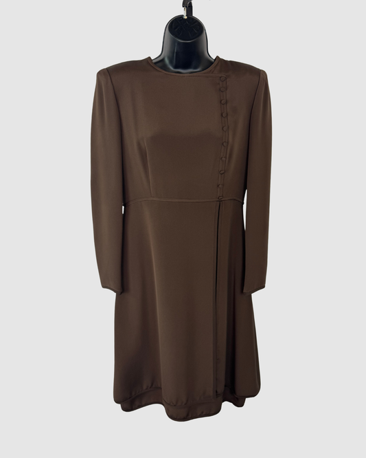 Carolina Herrera Brown Long Sleeve Button Detail Knee-Length Dress w Slit