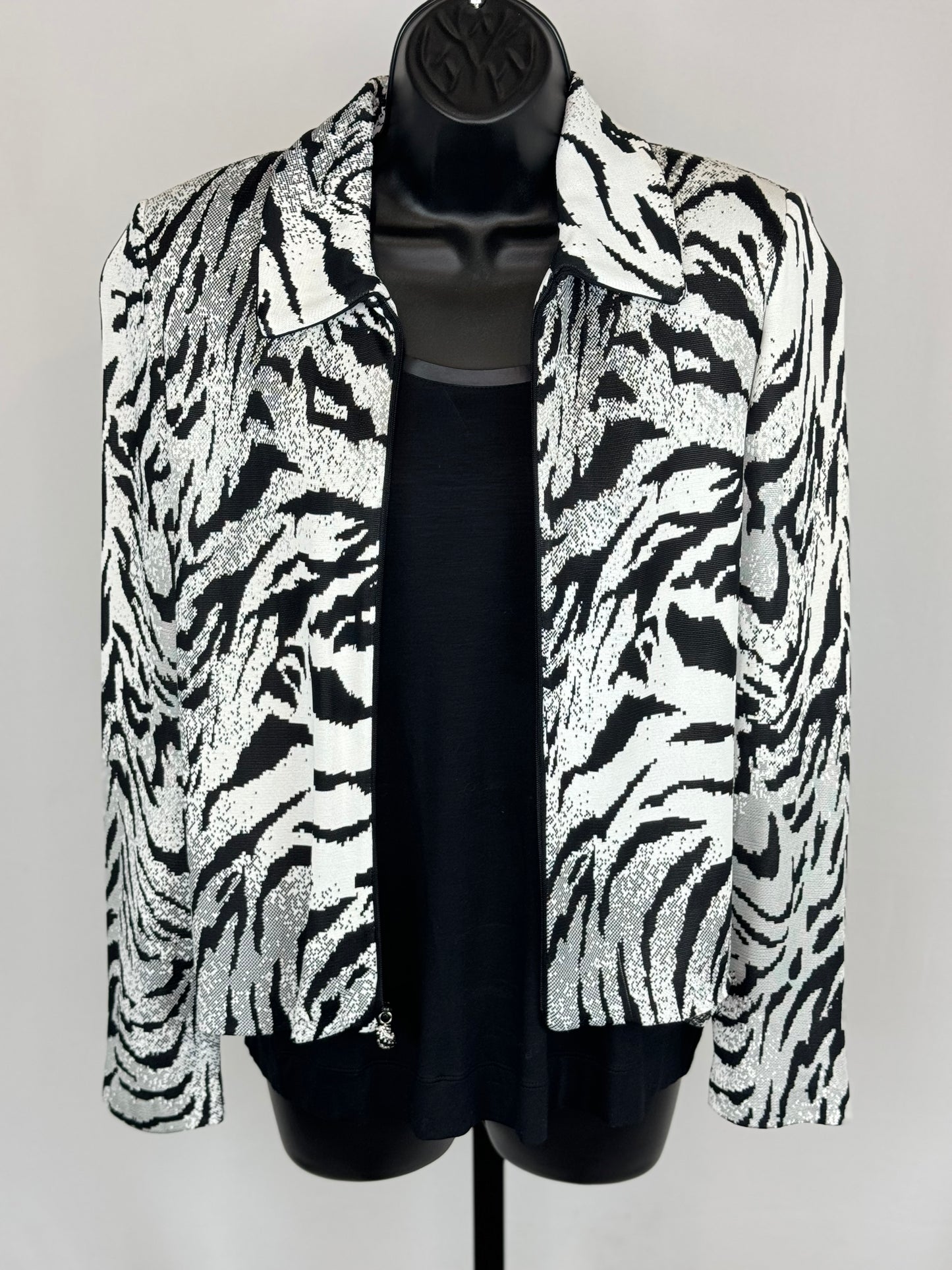 St. John Black White Zebra Print Collared Zip Up Jacket