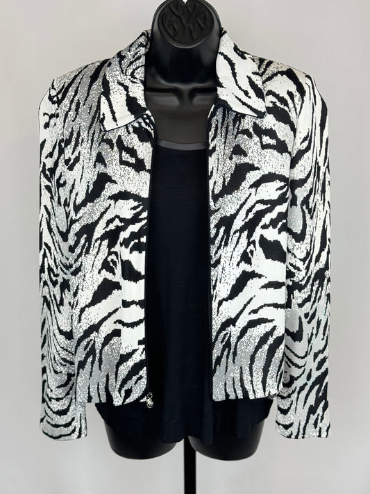 St. John Black White Zebra Print Collared Zip Up Jacket