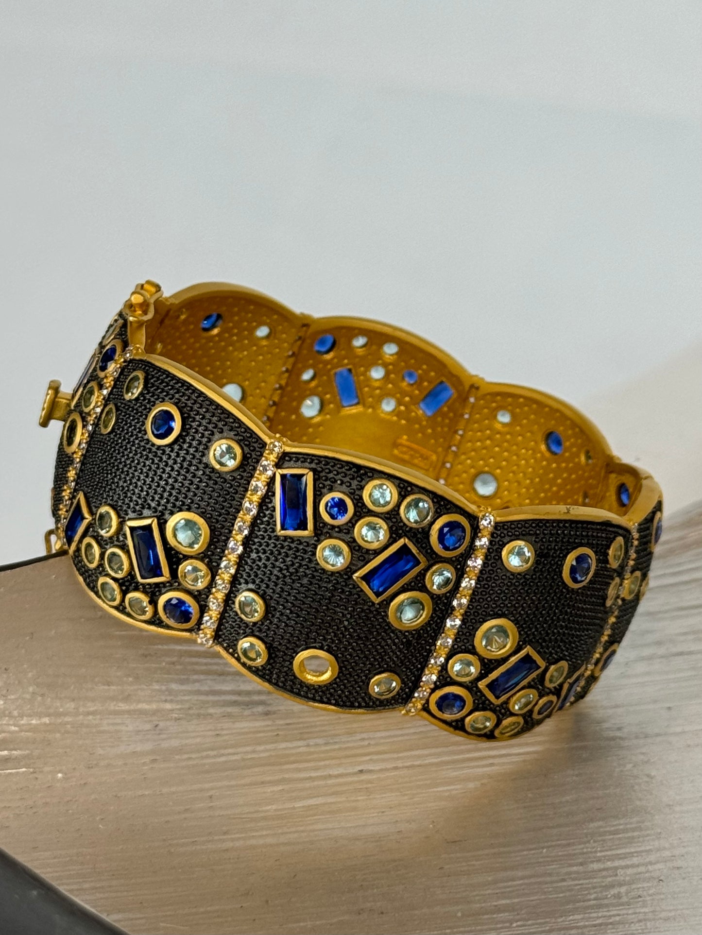 Freida Rothman Gold Dark Metal Sapphire Diamond Cuff Bracelet