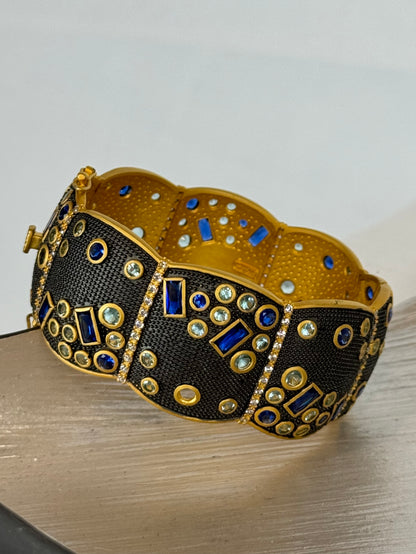 Freida Rothman Gold Dark Metal Sapphire Diamond Cuff Bracelet