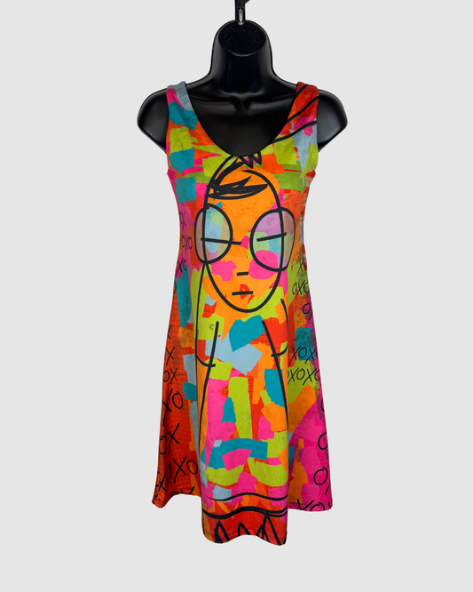 Volted Design Neon Orange Pink Multicolor Print Sleeveless Fitted Mini Dress