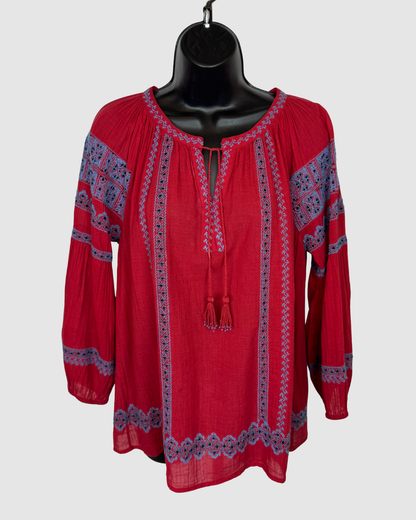 Joie Red w Blue Embroidered Tie-Neck Long Puff Sleeve "Gauze" Blouse