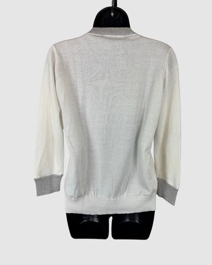 Fabiana Filippi White V-Neck Sweater w/ Silver Sparkle Collar