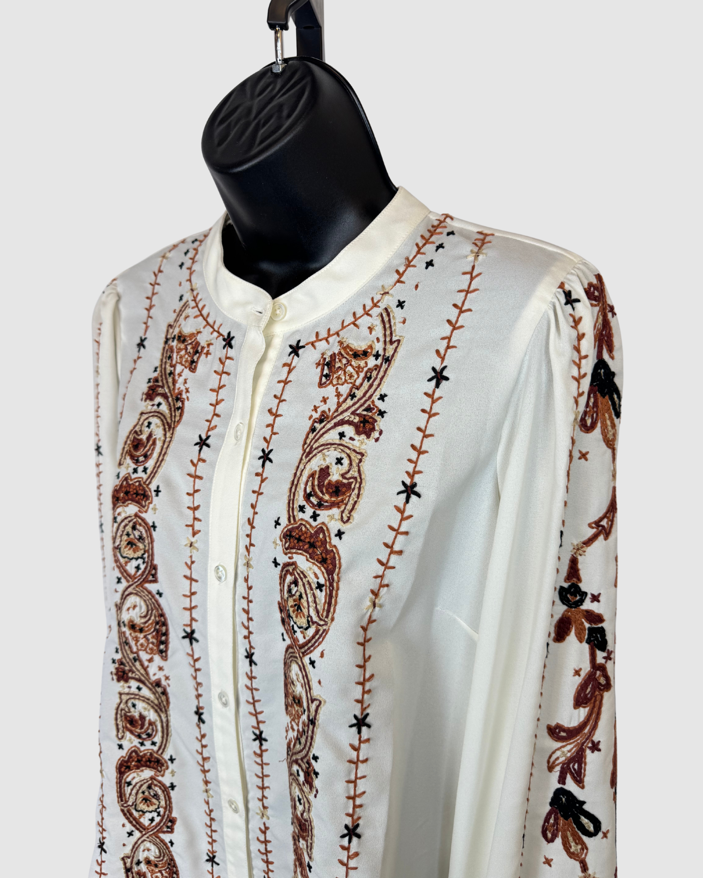 Veronica Beard White w Brown Embroidered Print Long Sleeve Button Blouse