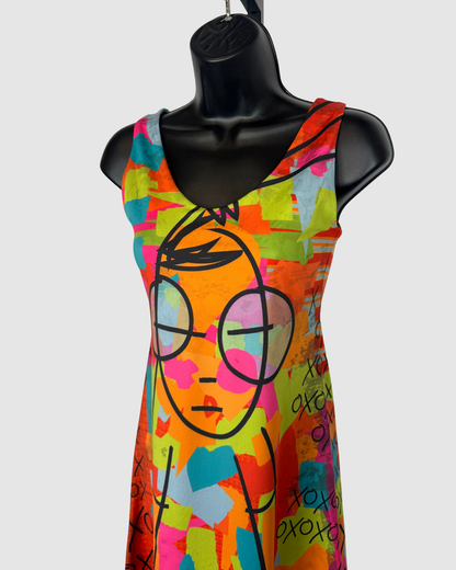 Volted Design Neon Orange Pink Multicolor Print Sleeveless Fitted Mini Dress