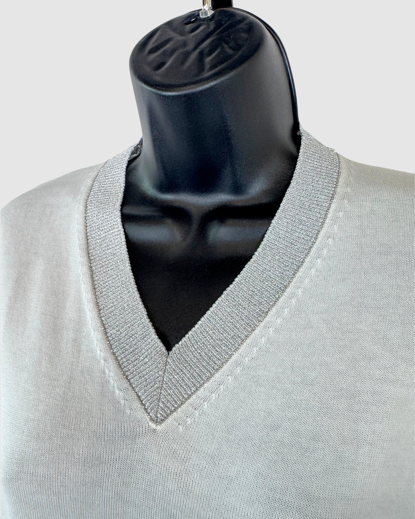 Fabiana Filippi White V-Neck Sweater w/ Silver Sparkle Collar