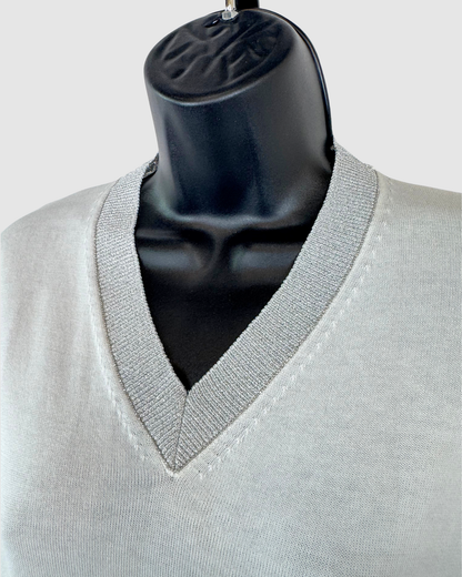 Fabiana Filippi White V-Neck Sweater w/ Silver Sparkle Collar