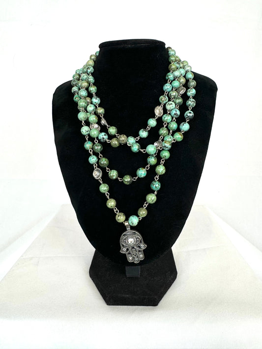 Virgin Saints & Angels Green Turquoise Beaded Multi-strand Necklace with Silver Hamsa Pendant