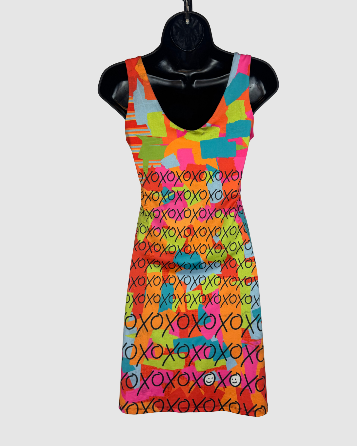 Volted Design Neon Orange Pink Multicolor Print Sleeveless Fitted Mini Dress