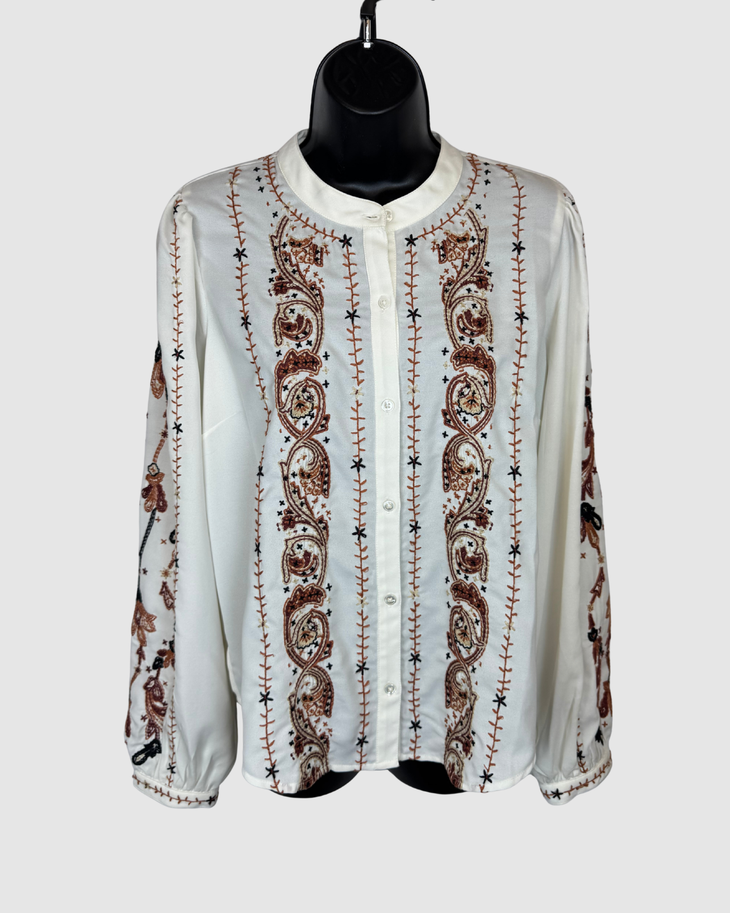 Veronica Beard White w Brown Embroidered Print Long Sleeve Button Blouse