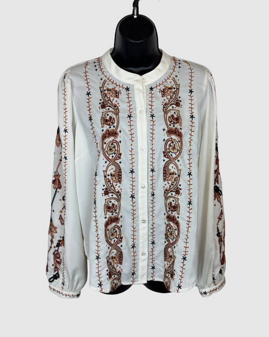 Veronica Beard White w Brown Embroidered Print Long Sleeve Button Blouse
