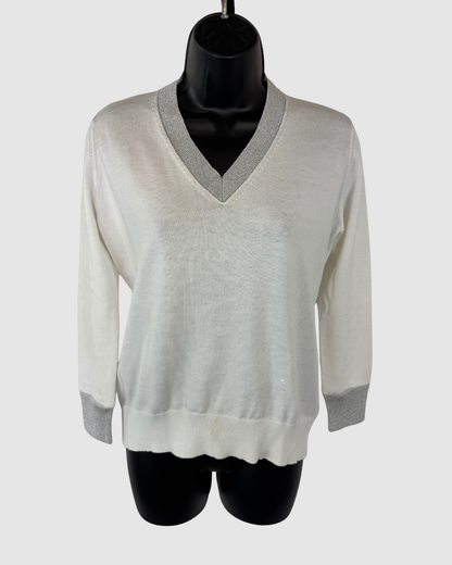 Fabiana Filippi White V-Neck Sweater w/ Silver Sparkle Collar