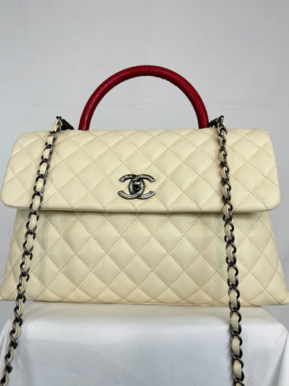 COMES WITH BOX - Chanel Cream Calfskin w/ Red Lizard Handle Coco Handle Flapbag Ruthenium