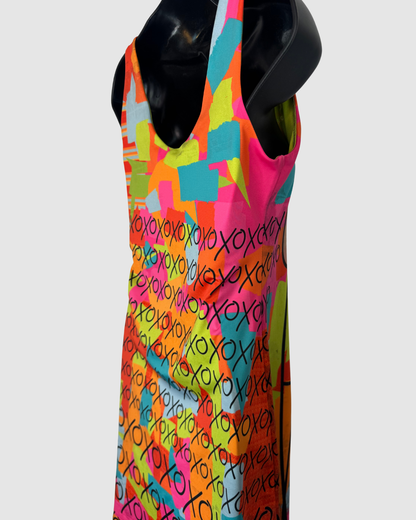 Volted Design Neon Orange Pink Multicolor Print Sleeveless Fitted Mini Dress