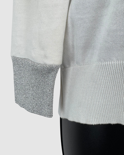 Fabiana Filippi White V-Neck Sweater w/ Silver Sparkle Collar