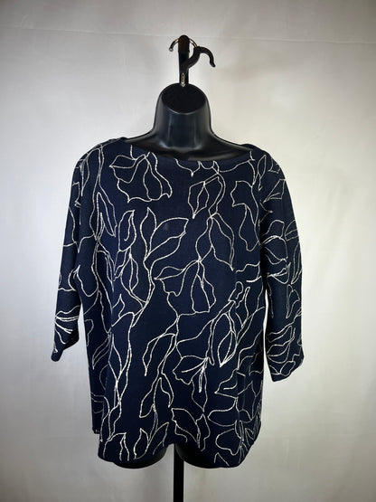 Lafayette 148 Navy White Floral Silver Beading 3/4 Sleeve Sweater