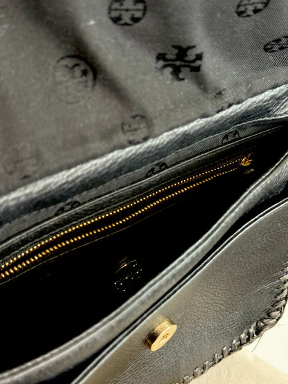 Tory Burch  Black Blue & Tan Woven Crossbody Bag w/ Black Leather Flap