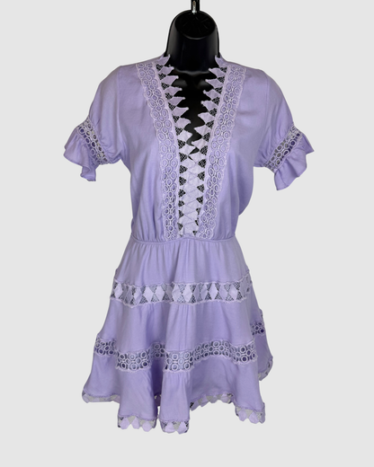 Peixoto Light Purple Crochet Detail V-Neck 1/2 Ruffle Sleeve Mini Dress