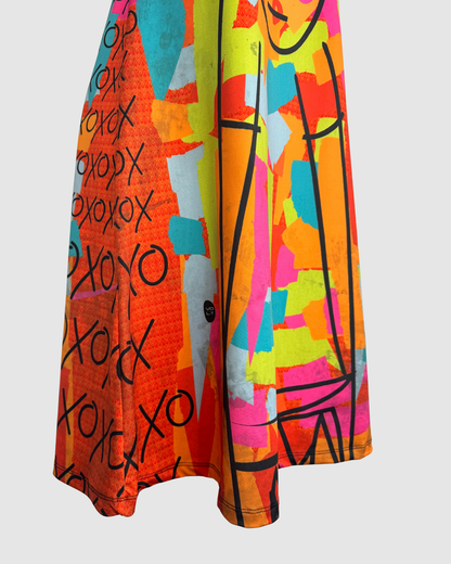 Volted Design Neon Orange Pink Multicolor Print Sleeveless Fitted Mini Dress